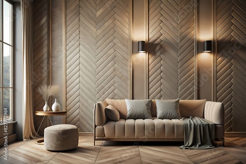 Herringbone design adds depth and warmth to the living room decor, generative AI © ProSpace