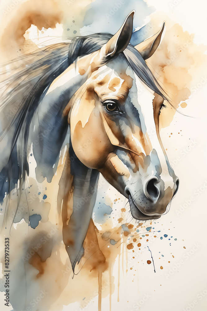 Obraz premium Close-up watercolor illustration of a horse's face with a flowing mane. Detailed and artistic animal portrait. Animal and nature concept for design and print.