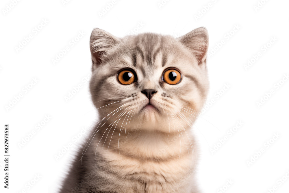 Cute american scottish fold kitty looking at camera. Head close-up portrait of american scottish fold cat. White Isolated background. Generative AI Cute american scottish fold kitty looking at camera. Head close-up portrait of american scottish fold cat. White Isolated background. Generative AI