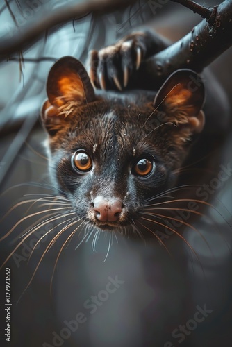 A fossa hanging upside down from a tree branch, looking confused