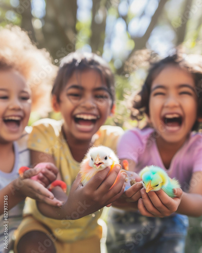 Children giggling while holding colorful chicks in their hands