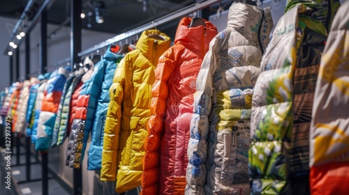 A display of innovative jackets made from upcycled plastic bags and insulated with ecofriendly materials.