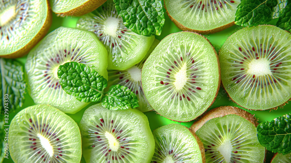 top view of kiwi slices with mint leaves top view of kiwi slices with mint leaves
