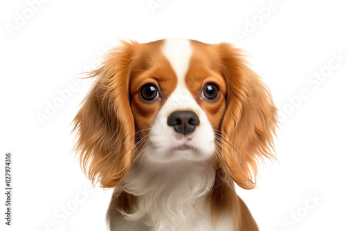 Cute Cavalier King Charles Spaniel puppy looking at camera. Head close-up portrait of Cavalier King Charles Spaniel dog. White Isolated background. Generative AI © WISIWIG