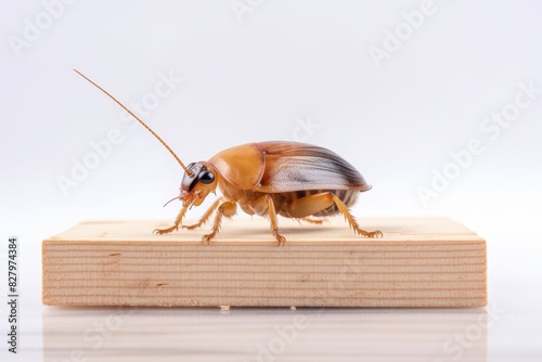 Detailed macro shot of light brown german cockroach with dark stripes on proboscis
