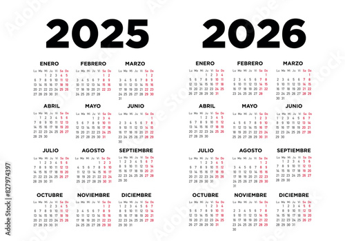 Calendario 2025 2026 en español. Semana comienza el lunes. Sábados y domingos en rojo. Ilustración	
