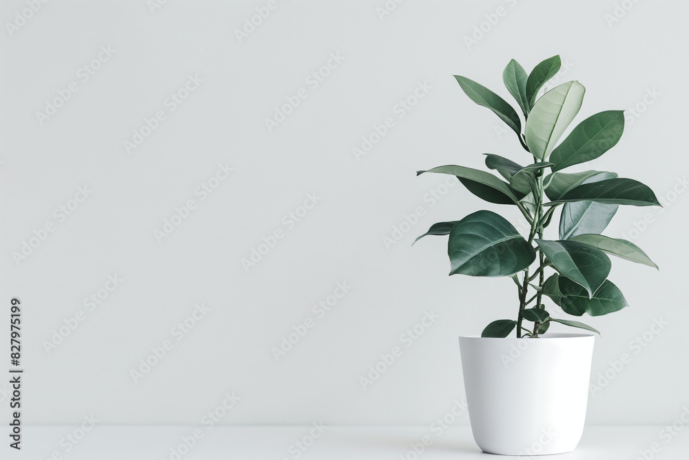 A photo of a single potted ficus plant on a solid white background