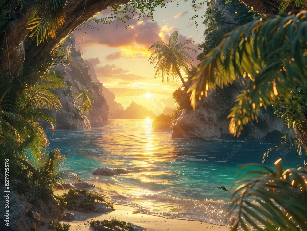 Fototapeta premium Hidden tropical paradise with a remote island, stunning rock formations, and a tranquil lagoon, bathed in the golden light of sunset