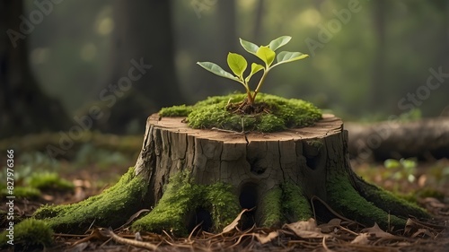 A young tree sprouts from an ancient tree stump. photo