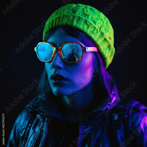 woman in a neon green hat with large glasses, blacklight effect