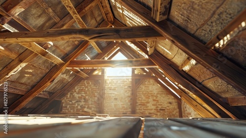house attic construction. wooden roof beam frame © sania