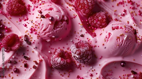 berry ice cream with fresh raspberries and ink covered with sprinkles
