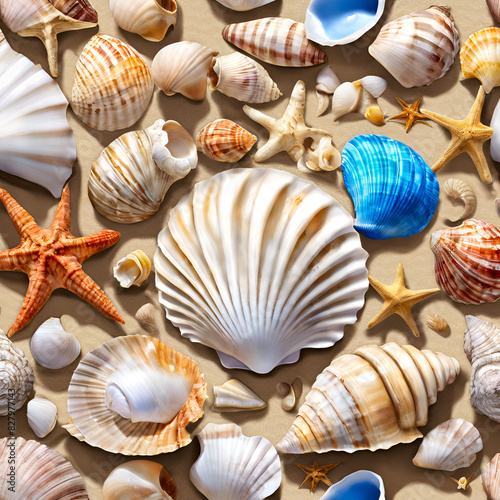 Vivid closeup of colorful sea shells, starfish, conch shells, scallop shells laying on the sand at the beach