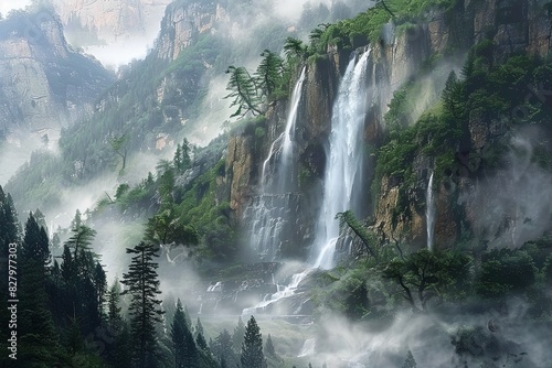 A powerful waterfall cascades through a dense forest  surrounded by vibrant greenery and rugged rocks. Generative AI