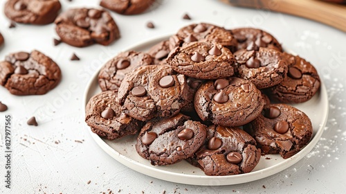 Plate of chocolate brownie cookies on light background. Generative Ai