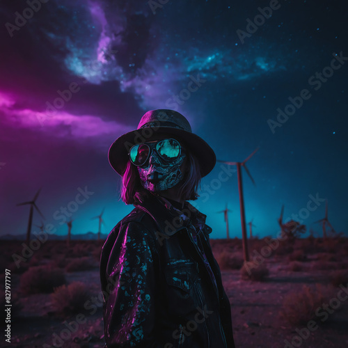 ghoul zombie woman in a neon wasteland with wind turbines in the distance