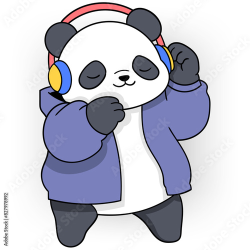 panda is enjoying and enjoying the music he is listening to from headphones