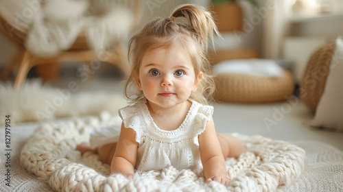 A baby girl is laying on a blanket on the floor. She is wearing a white dress and has her hair in a ponytail