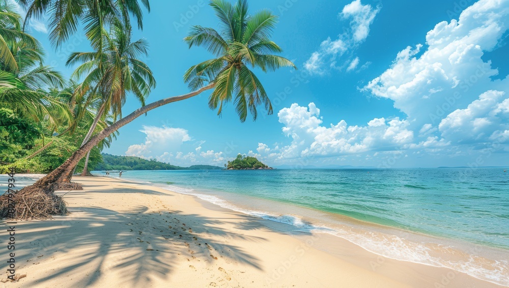 Panorama beach with palm trees and clouds in the sky