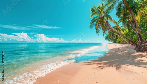 Panorama beach with palm trees and clouds in the sky