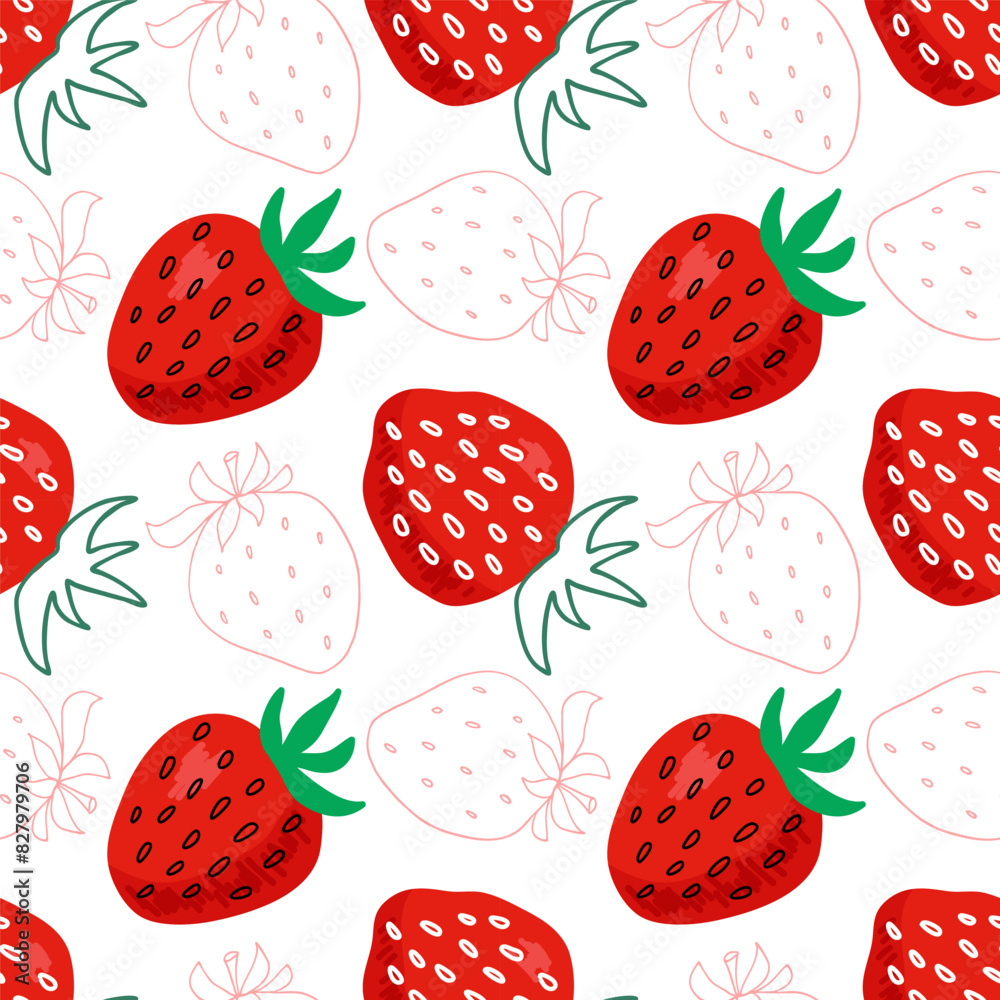 Seamless Strawberry pattern. Doodle sketch with Red Berry background. Vector sweet berries organic food for dessert menu, invitation, wallpaper, textile, wrapping, packaging. Summer tropical element Seamless Strawberry pattern. Doodle sketch with Red Berry background. Vector sweet berries organic food for dessert menu, invitation, wallpaper, textile, wrapping, packaging. Summer tropical element