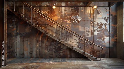 an interesting interior space with a wooden staircase, metal railing, and textured walls