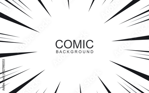 Comic book black and white radial lines background. Manga speed frame. Super hero action. Vector illustration.