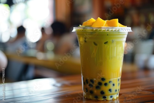 mango matcha bubble boba tea in a plastic cup on a table