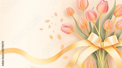 Elegant Bouquet of Pink Tulips with a Yellow Ribbon on a Soft Background