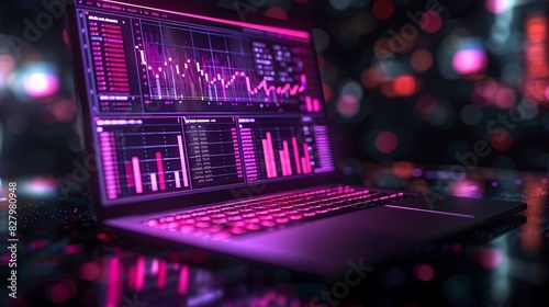 Laptop displaying business graphs, analytics, and infographic charts for financial strategy and data analysis trends.