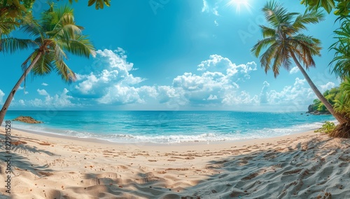 Panorama beach with palm trees and clouds in the sky