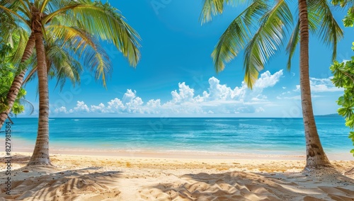 Panorama beach with palm trees and clouds in the sky