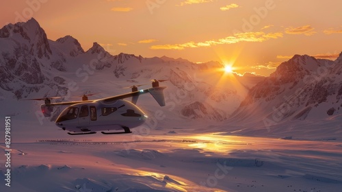 The sun sets over the frozen tundra as snowcovered mountains serve as a backdrop for an eVTOL hovering above an arctic research base. photo