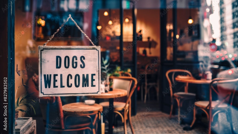 A sign hanging from a window that says dogs welcome, AI