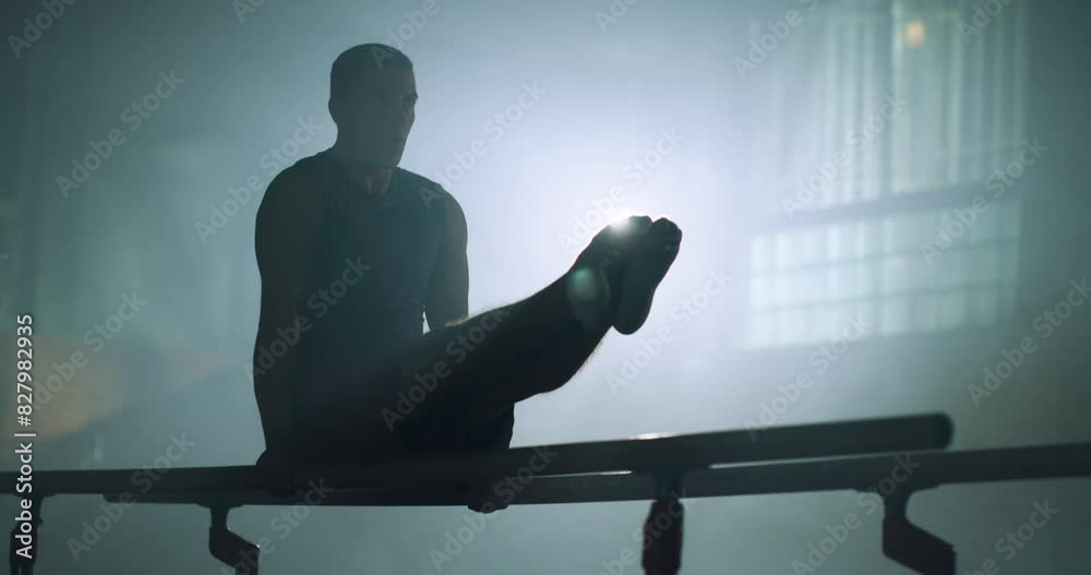 Young Adult Male Athlete Gymnast Performing Routine On Parallel Bar Closeup In The Gym Skill Practice Stamina Gymnastics Competitive Mindset Concept 4k