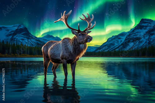 Portrait of a highly detailed majestic reindeer standing by a lake with the beautiful northern lights dancing in the sky © The A.I Studio