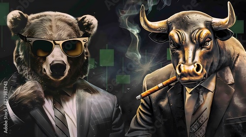 Wall Street Bull & Bear Crypto-Currency Market Artwork: Bear and bull in suits eyeing bitcoin logo with upward green arrow, vector Illustration.