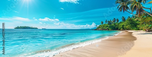 Panorama beach with palm trees and clouds in the sky