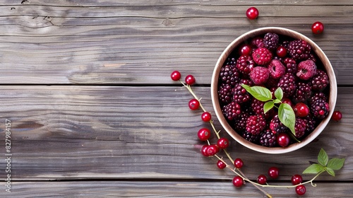 Ripe fresh berries in bowl and branches on old wooden background. Generative Ai photo