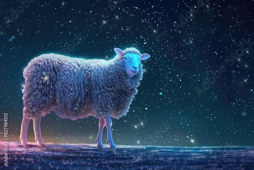 A sheep made of stars, standing on the ground with glittering wool and glowing eyes under starry sky, fantasy style, cute, full body photo
