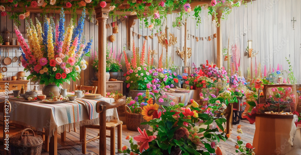 Fototapeta premium a room with flowers and a table with a sign that says spring