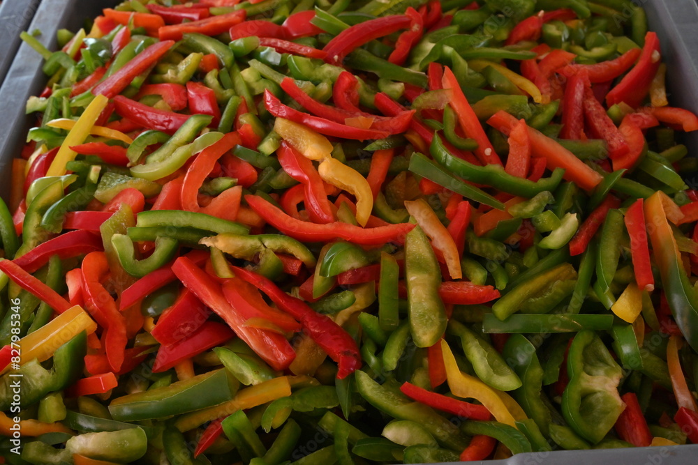pimientos de tres colores, rojo, verde y amarillo en rajas pimientos de tres colores, rojo, verde y amarillo en rajas