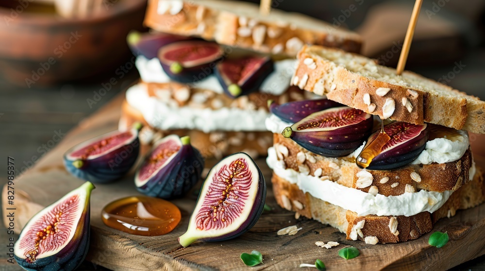 Sandwich with cream cheese, figs and honey served on a small cutting board. Generative Ai