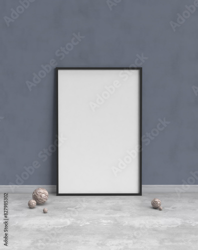 Pancarta en blanco con marco negro sobre pared de hormigón gris azulado en interiores para rellenar. Imagen 3d. Poster para redes sociales. photo