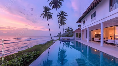 Luxury waterfront villa: with the pool, beach house, palm trees, sunset, white walls and modern architecture in Sri Lanka with an ocean view, infinity edge swimming pool overlooking the sea.