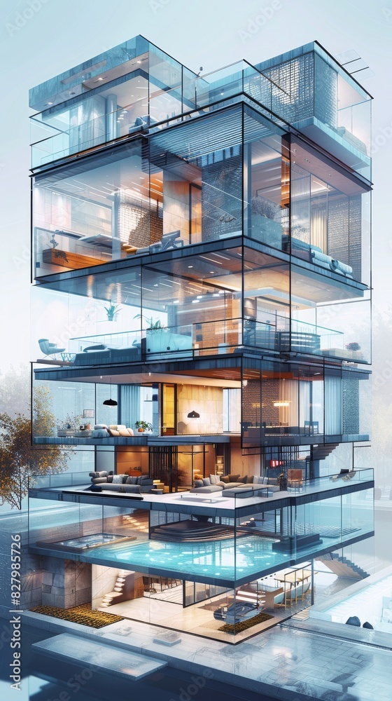 Transparent building with three floors, side view, perspective, blue color scheme, three story villa section view, futuristic, luxurious, mostly using glass structure, realistic photography, rendering Transparent building with three floors, side view, perspective, blue color scheme, three story villa section view, futuristic, luxurious, mostly using glass structure, realistic photography, rendering