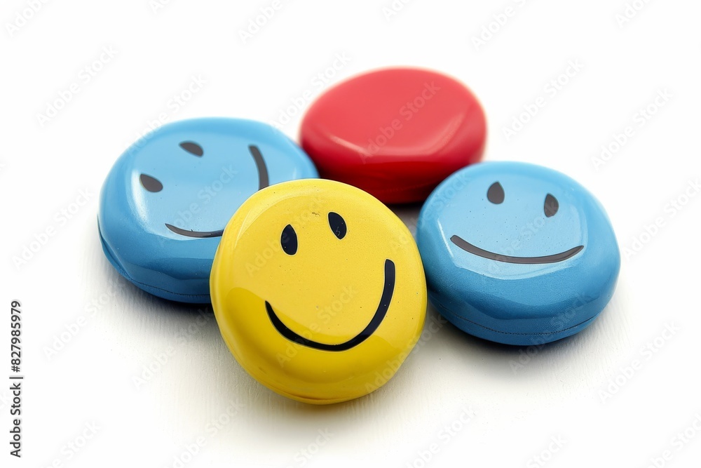 Joyful display of blue, red, and yellow buttons with smiling faces, evoking happiness and creativity in decoration Joyful display of blue, red, and yellow buttons with smiling faces, evoking happiness and creativity in decoration
