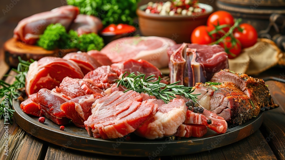 Plate with meat on table . Generative Ai