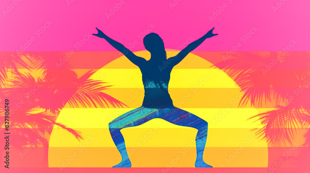 Naklejka premium A woman is doing a yoga pose in front of a sunset. The image has a tropical vibe with palm trees in the background