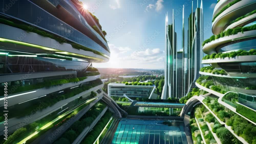 Futuristic Green Buildings In A Modern Cityscape At Sunset With Vibrant Sky Futuristic Green Buildings In A Modern Cityscape At Sunset With Vibrant Sky